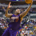 Phoenix Sun's P.J. Tucker (17) goes after a rebound during the second half of an NBA basketball game, Saturday, Nov. 22, 2014, in Indianapolis. The Suns defeated the Pacers 106-83. (AP Photo/Doug McSchooler)