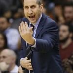 Cleveland Cavaliers coach David Blatt gestures during the first half of his team's NBA basketball game against the Phoenix Suns, Tuesday, Jan. 13, 2015, in Phoenix. (AP Photo/Matt York)