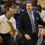 Phoenix Suns head coach Jeff Hornacek yells at the official during the first half of an NBA basketball game against the Portland Trail Blazers, Friday, March 27, 2015, in Phoenix. (AP Photo/Matt York)