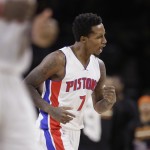 Detroit Pistons guard Brandon Jennings reacts after a three point basket during the second half of an NBA basketball game against the Phoenix Suns in Auburn Hills, Mich., Wednesday, Nov. 19, 2014. (AP Photo/Carlos Osorio)
