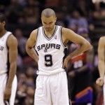 San Antonio Spurs' Tony Parker (9), of France, reacts after he was fouled in overtime of an NBA basketball game against the Phoenix Suns, Wednesday, Feb. 27, 2013, in San Antonio. The Suns won 105-101 in overtime. (AP Photo/Eric Gay)
