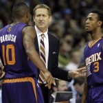 Phoenix Suns head coach Jeff Hornacek speaks with players Leandro Barbosa (10), of Brazil, and Ish Smith (3) in the second half of an NBA basketball game, Friday, Jan. 10, 2014, in Memphis, Tenn. The Grizzlies won 104-99. (AP Photo/Lance Murphey)