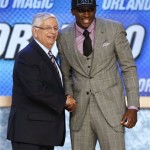 NBA Commissioner David Stern, left, shakes hands with Indiana's Victor Oladipo, who was selected with the second pick in the first round by the Orlando Magic in the NBA basketball draft, Thursday, June 27, 2013, in New York. (AP Photo/Jason DeCrow)