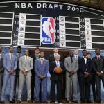 NBA Commissioner David Stern, center, poses with members of the draft class before the first round of the NBA basketball draft, Thursday, June 27, 2013, in New York. (AP Photo/Kathy Willens)