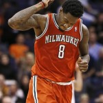 Milwaukee Bucks' Larry Sanders (8) celebrates a basket against the Phoenix Suns in the second half during an NBA basketball game on Thursday, Jan. 17, 2013, in Phoenix. The Bucks defeated the Suns 98-94. (AP Photo/Ross D. Franklin)