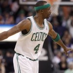 Boston Celtics guard Jason Terry trots with his arms spread in celebration after making a thee-pointer against the Phoenix Suns in the second half of an NBA basketball game, Friday, Feb. 22, 2013, in Phoenix. The Celtics won 118-88. (AP Photo/Paul Connors)
