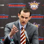 Newly-appointed Phoenix Suns general manager Ryan McDonough speaks during an NBA basketball news conference, Thursday, May 9, 2013, in Phoenix. McDonough joins the Suns after most recently serving the past three seasons as the assistant general manager of the Boston Celtics. (AP Photo/Matt York)