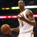 Phoenix Suns forward Channing Frye (8) reacts to a foul call in the first quarter of an NBA basketball game against the Houston Rockets, Sunday, Feb. 23, 2014, in Phoenix. (AP Photo/Rick Scuteri)