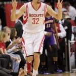 Houston Rockets guard Francisco Garcia (32) signals after completing a 3-point shot against the Phoenix Suns during the first half of an NBA basketball game Tuesday, April 9, 2013, in Houston. (AP Photo/Bob Levey)