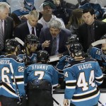 San Jose Sharks head coach Todd McLellan instructs his team as they face the Phoenix Coyotes during an NHL hockey game in San Jose, Calif., Saturday, Feb. 9, 2013. Phoenix won 1-0 in a shootout. (AP Photo/Marcio Jose Sanchez)
