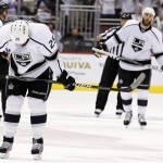 Los Angeles Kings' Dustin Penner (25) and Rob Scuderi skate back to the bench after Phoenix Coyotes' Keith Yandle scored in the second period during Game 5 of the NHL hockey Stanley Cup Western Conference finals, Tuesday, May 22, 2012, in Glendale, Ariz. (AP Photo/Ross D. Franklin)