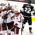 From left, Phoenix Coyotes' Oliver Ekman-Larsson, of Sweden, Martin 
Hanzal, of the Czech Republic, Shane Doan and Radim Vrbata, of the 
Czech Republic, celebrate a goal by Doan during the first period of 
Game 4 of the NHL hockey Stanley Cup Western Conference finals 
against the Los Angeles Kings in Los Angeles, Sunday, May 20, 2012. 
(AP Photo/Jae C. Hong)