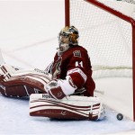 Phoenix Coyotes goalie Mike Smith (41) sits on the ice after giving up a goal against the Los Angeles Kings during the second period of Game 5 of the NHL hockey Stanley Cup Western Conference finals, Tuesday, May 22, 2012, in Glendale, Ariz. (AP Photo/Matt York)