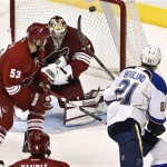 St. Louis Blues' Patrik Berglund (21), of Sweden, scores on a back-handed shot against Phoenix Coyotes' Mike Smith as Derek Morris (53) watches in the second period of an NHL hockey game, Thursday, March 7, 2013, in Glendale, Ariz. (AP Photo/Ross D. Franklin)