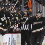 Anaheim Ducks right wing Corey Perry celebrates scoring during the first period of an NHL hockey game against the Phoenix Coyotes, Wednesday, March 6, 2013, in Anaheim, Calif. (AP Photo/Bret Hartman)