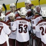 The Phoenix Coyotes celebrate a 1-0 shootout win over the San Jose Sharks in an NHL hockey game in San Jose, Calif., Saturday, Feb. 9, 2013. (AP Photo/Marcio Jose Sanchez)
