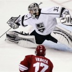 Los Angeles Kings goalie Jonathan Quick (32) stops a shot by Phoenix Coyotes right wing Radim Vrbata (17) during the third period of Game 5 of the NHL hockey Stanley Cup Western Conference finals, Tuesday, May 22, 2012, in Glendale, Ariz. (AP Photo/Matt York)