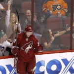 Phoenix Coyotes fans celebrate as Coyotes' Lauri Korpikoski jumps into the boards to pump his fists after scoring a goal against the Philadelphia Flyers during the second period of an NHL hockey game Saturday, Jan. 4, 2014, in Glendale, Ariz. (AP Photo/Ross D. Franklin)