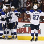 St. Louis Blues' Chris Stewart, second from right, celebrates his goal against the Phoenix Coyotes with teammates Alex Pietrangelo (27), Barret Jackman (5), David Perron (57) and Patrik Berglund, of Sweden, in the first period of an NHL hockey game, Thursday, March 7, 2013, in Glendale, Ariz. (AP Photo/Ross D. Franklin)