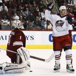 Columbus Blue Jackets' Derek Dorsett, right, celebrates a goal against Phoenix Coyotes' Jason LaBarbera (1) by teammate Fedor Tyutin during the second period in an NHL hockey game on Wednesday, Jan. 23, 2013, in Glendale, Ariz. (AP Photo/Ross D. Franklin)