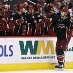 Phoenix Coyotes' Martin Hanzal, of the Czech Republic, celebrates his goal against the Detroit Red Wings with teammates in the first period during an NHL hockey game, Monday, March 25, 2013, in Glendale, Ariz. (AP Photo/Ross D. Franklin)