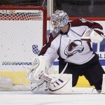 Colorado Avalanche goalie Semyon Varlamov, of Russia, looks behind him for the puck on a goal scored by Phoenix Coyotes left winger Mikkel Boedker in the first period of NHL hockey game, Saturday, April 6, 2013, in Glendale, Ariz. (AP Photo/Paul Connors)
