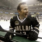 Dallas Stars left wing Ray Whitney (13) laughs as he warms up before the NHL hockey game against the Phoenix Coyotes Saturday, Jan. 19, 2013, in Dallas. (AP Photo/LM Otero)
