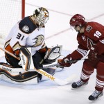 Anaheim Ducks' Frederik Andersen (31), of Denmark, makes a save on a shot by Arizona Coyotes' Shane Doan (19) during the second period of an NHL hockey game Tuesday, March 3, 2015, in Glendale, Ariz. (AP Photo/Ross D. Franklin)