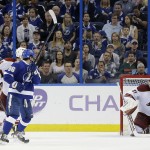 Tampa Bay Lightning right wing Nikita Kucherov (86), of Russia, watches his goal get past Arizona Coyotes goalie Mike Smith (41) during the third period of an NHL hockey game Tuesday, Oct. 28, 2014, in Tampa, Fla. Kucherov had a hat trick in the Lightnings 7-3 win. (AP Photo/Chris O'Meara)