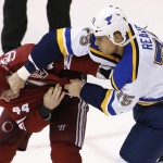 St. Louis Blues' Ryan Reaves (75) connects with a punch as he fights Arizona Coyotes' B.J. Crombeen (44) during the second period of an NHL hockey game Tuesday, Jan. 6, 2015, in Glendale, Ariz. (AP Photo/Ross D. Franklin)