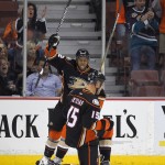 Anaheim Ducks center Ryan Getzlaf, right, celebrates his goal with right wing Devante Smith-Pelly during the first period of an NHL hockey game against the Arizona Coyotes, Friday, Nov. 7, 2014, in Anaheim, Calif. (AP Photo/Mark J. Terrill)