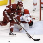 Carolina Hurricanes' Cam Ward, right, pokes the puck away as Arizona Coyotes' Kyle Chipchura (24) attempts a shot during the first period of an NHL hockey game Thursday, Feb. 5, 2015, in Glendale, Ariz. (AP Photo/Ross D. Franklin)