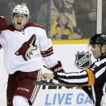 Arizona Coyotes left wing Martin Erat, of the Czech Republic, celebrates after scoring against the Nashville Predators in the third period of an NHL hockey game Tuesday, Oct. 21, 2014, in Nashville, Tenn. (AP Photo/Mark Humphrey)