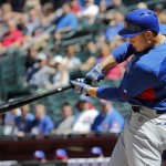 Chicago Cubs' Anthony Rizzo hits against the Arizona Diamondbacks during the first inning of an exhibition spring training baseball game, Saturday, March 29, 2014, in Phoenix. (AP Photo/Matt York)
