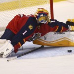 Florida Panthers' goalie Roberto Luongo (1) blocks an Arizona Coyotes shot on goal during the second period of a NHL hockey game in Sunrise, Fla., Thursday, Oct. 30, 2014. (AP Photo/J Pat Carter)
