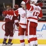 Detroit Red Wings' Riley Sheahan, right, celebrates his goal against the Arizona Coyotes with teammate Tomas Tatar, left, of the Czech Republic, during the second period of an NHL hockey game Saturday, Feb. 7, 2015, in Glendale, Ariz. (AP Photo/Ross D. Franklin)