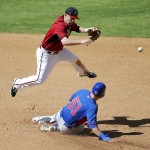 Arizona Diamondbacks' Aaron Hill forces out Chicago Cubs' Ryan Kalish (51) during the fifth inning of an exhibition spring training baseball game, Saturday, March 29, 2014, in Phoenix. The Cubs' Matt Szczur was safe at first. (AP Photo/Matt York)