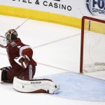 Arizona Coyotes' Mike Smith gives up a goal to Tampa Bay Lightning's Ondrej Palat, of the Czech Republic, during the second period of an NHL hockey game Saturday, Feb. 21, 2015, in Glendale, Ariz. (AP Photo/Ross D. Franklin)