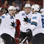 San Jose Sharks' Tomas Hertl, left, of the Czech Republic, smiles as he celebrates his goal against the Arizona Coyotes with Tye McGinn (25) and Brent Burns (88) during the second period of an NHL hockey game Tuesday, Jan. 13, 2015, in Glendale, Ariz. (AP Photo/Ross D. Franklin)