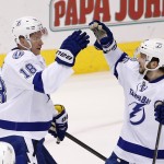 Tampa Bay Lightning's Ondrej Palat (18), of the Czech Republic, celebrates his goal against the Arizona Coyotes with Nikita Kucherov, right, of Russia, during the second period of an NHL hockey game Saturday, Feb. 21, 2015, in Glendale, Ariz. (AP Photo/Ross D. Franklin)