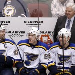 St. Louis Blues' David Backes, left, smiles as he talks with coach Ken Hitchcock, as Backes sits on the bench with teammates Dmitrij Jaskin (23), of Russia, Paul Stastny (26) and Patrik Berglund, of Sweden, during the third period of an NHL hockey game Tuesday, Jan. 6, 2015, in Glendale, Ariz. Backes had four goals as the Blues defeated the Coyotes 6-0. (AP Photo/Ross D. Franklin)