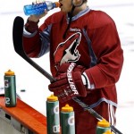 Phoenix Coyotes' Lauri Korpikoski, of Finland, takes a drink during an NHL hockey practice, Tuesday, Jan. 15, 2013, in Glendale, Ariz. The NHL is scheduled to start its lockout-shortened season Jan. 19. (AP Photo/Ross D. Franklin)