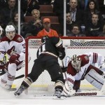Phoenix Coyotes goalie Jason LaBarbera makes a save during the first period of an NHL hockey game against the Anaheim Ducks, Wednesday, March 6, 2013, in Anaheim, Calif. (AP Photo/Bret Hartman)