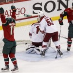 Minnesota Wild left wing Torrey Mitchell (17) celebrates along with teammate Zenon Konopka (28) after Mitchell scored on Phoenix Coyotes goalie Jason LaBarbera (1) during the first period of an NHL hockey game Wednesday, March 27, 2013, in St. Paul, Minn. Coyotes defenseman Derek Morris (53) is next to LaBarbera. (AP Photo/Genevieve Ross)