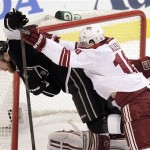 Los Angeles Kings center Jeff Carter, left, is pushed by Phoenix 
Coyotes defenseman Rostislav Klesla, of Czech Republic, during the 
first period of Game 4 of the NHL hockey Stanley Cup Western 
Conference finals in Los Angeles, Sunday, May 20, 2012. (AP Photo/Jae 
C. Hong)