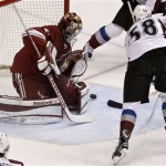 Colorado Avalanche's Patrick Bordeleau (58) beats Phoenix Coyotes' Mike Smith for a goal during the first period in an NHL hockey game, on Friday, April 26, 2013, in Glendale, Ariz. (AP Photo/Ross D. Franklin)