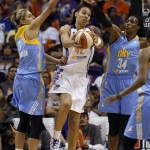 Chicago Sky's Elena Delle Donne (11) and Sylvia Fowles (34) defends Phoenix Mercury's Brittney Griner (42) as she tries to go up for a shot in the second half during a WNBA basketball game on Monday, May 27, 2013, in Phoenix. The Sky defeated the Mercury 102-80. (AP Photo/Ross D. Franklin)