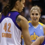 Chicago Sky's Elena Delle Donne, right, smiles as she looks at Phoenix Mercury's Brittney Griner (42) at the start of the first half during a WNBA basketball game on Monday, May 27, 2013, in Phoenix. (AP Photo/Ross D. Franklin)