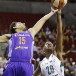 Seattle Storm's Camille Little (20) and Phoenix Mercury's Briana Gilbreath reach for a rebound in the first half of a WNBA basketball game on Thursday, Aug. 1, 2013, in Seattle. (AP Photo/Elaine Thompson)