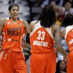 West's Candace Parker, left, of the Los Angeles Sparks, celebrates with Semone Augustus, center, of the Minnesota Lynx, and Tina Thompson, of the Seattle Storm at the end of the WNBA All-Star basketball game in Uncasville, Conn., Saturday, July 27, 2013. The West defeated the East 102-98. Parker was named MVP of the game. (AP Photo/Jessica Hill)
